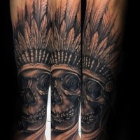Engraving style black ink arm tattoo of Indian skull