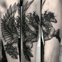 Engraving style black ink arm tattoo of pegasus horse