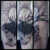 Engraving style black ink arm tattoo of old elk with sun