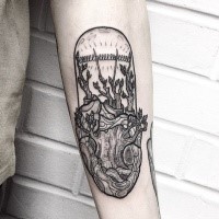 Engraving style black ink arm tattoo of human heart with tree