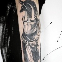 Engraving style black ink arm tattoo of Egypt God picture