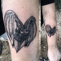Engraving style black ink arm tattoo of cute bat