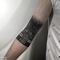 Engraving style black ink arm tattoo of beautiful plants and ornaments