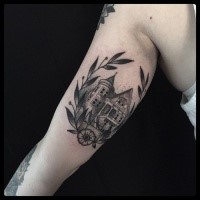 Engraving style black ink arm tattoo of big house with leaves