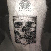 Engraving style black ink arm tattoo of human skull
