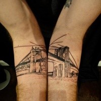 Engraving style black ink arm tattoo of old city bridge