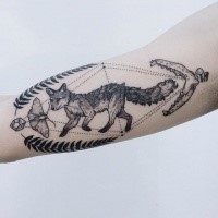 Engraving style black ink arm tattoo of fox with skeleton and butterfly