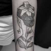 Engraving style black ink arm tattoo of woman with flowers