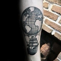 Engraving style black ink arm tattoo of big globe with sailing ship