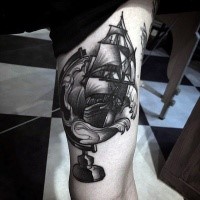 Engraving style black ink arm tattoo of globe stylized with sailing ship
