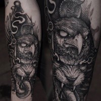 Engraving style black ink arm tattoo of eagle with demonic lion