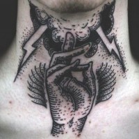 Engraving style black ink arm tattoo on neck stylized with lightning