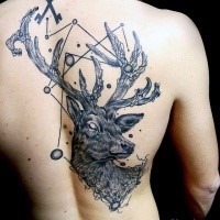 Engraving style black ink back tattoo of mystical deer