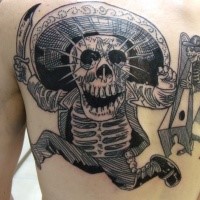 Engraving style black ink back tattoo of Mexican skeleton with sword