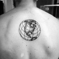 Engraving style black ink back tattoo of small globe