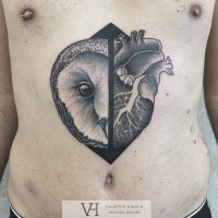 Engraving style black ink belly tattoo of owl with human heart