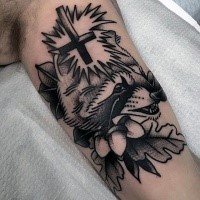 Engraving style black ink biceps tattoo of raccoon with cross