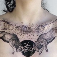 Engraving style black ink chest tattoo of fighting deers and mountains