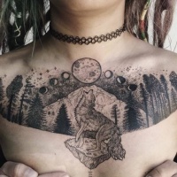 Engraving style black ink chest tattoo of wolf in night forest