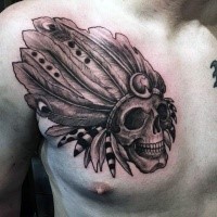 Engraving style black ink chest tattoo of old Indian skull