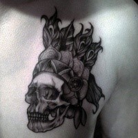 Engraving style black ink chest tattoo of Indian skull with cool helmet
