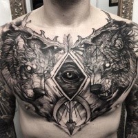 Engraving style black ink chest tattoo of dark bears with arrow and eye