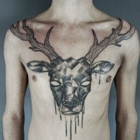 Engraving style black ink chest tattoo of deer skull