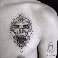 Engraving style black ink chest tattoo of big monkey skull with geometrical figures