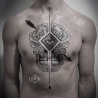 Engraving style black ink chest tattoo of interesting ornament stylized with human skull part and arrow