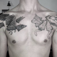 Engraving style black ink chest tattoo of original looking wolf with crow