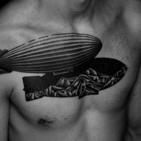 Engraving style black ink chest tattoo of big zepplin