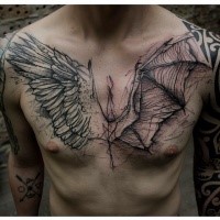 Engraving style black ink chest tattoo of angel and demon wings