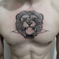 Engraving style black ink chest tattoo of roaring lion