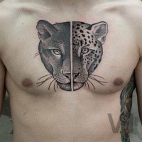 Engraving style black ink chest tattoo of leopard with black panther