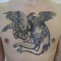 Engraving style black ink creepy and strange looking monster tattoo on chest