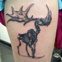 Engraving style black ink deer skeleton tattoo on thigh