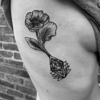 Engraving style black ink flower tattoo on side combined with geometrical figures