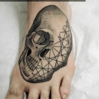 Engraving style black ink foot tattoo of human skull with lines