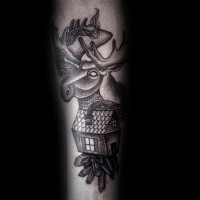 Engraving style black ink forearm tattoo of elk with county house