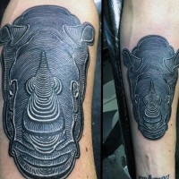 Engraving style black ink forearm tattoo of 3D rhino
