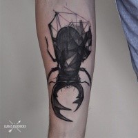 Engraving style black ink forearm tattoo of big bug with horns