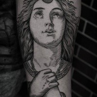 Engraving style black ink forearm tattoo of ancient woman face and flowers