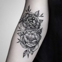 Engraving style black ink forearm tattoo of rose flowers