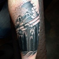 Engraving style black ink forest with mountains tattoo on arm