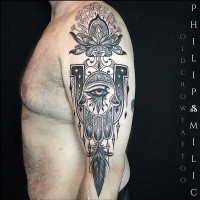 Engraving style black ink half sleeve tattoo of Hamsa with ornaments