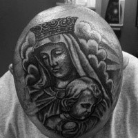 Engraving style black ink head tattoo of saint woman with little child