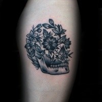 Engraving style black ink human skull with flowers