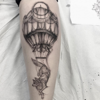 Engraving style black ink leg tattoo of fox flying the balloon