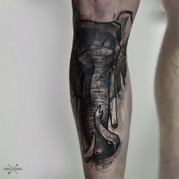 Engraving style black ink leg tattoo of detailed elephant