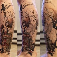 Engraving style black ink leg tattoo of fantasy man with horse